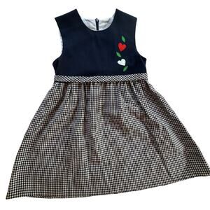 Vintage Girls Dress 6 6X Navy Blue Gingham Tie Waist Heart Applique Colorblock